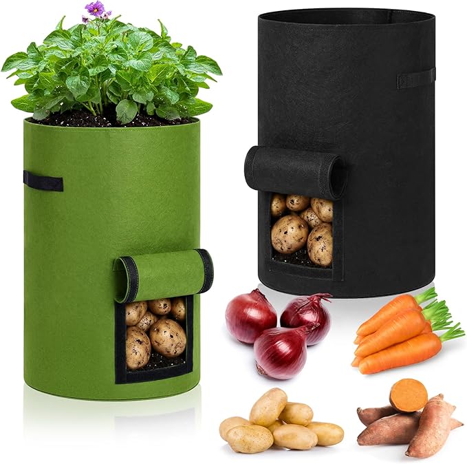 Yoojahow 2 Pack 30 Gallon Potato Grow Bags with Harvest Window, Durable Garden Planter Bags with Handles for Potatoes, Tomatoes, and Vegetables - Indoor & Outdoor Gardening Supplies (Black,Green)
