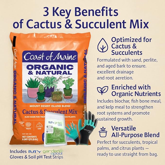 Coast of Maine MD4500 Mount Desert Island Cactus & Succulent Mix 8 qt with My Garden Pool 7-in-1 Soil Test Strips, 20 ct. and Claw Gardening Gloves