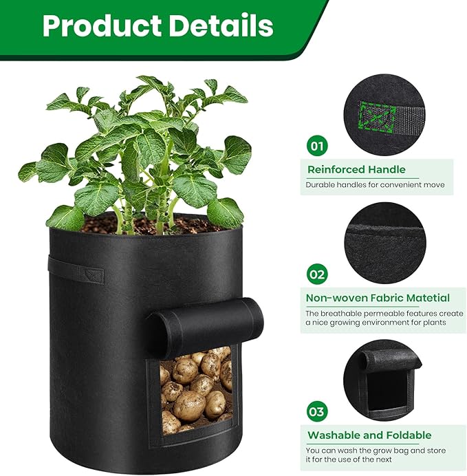 6 Pack Potato Grow Bags, 10 Gallon Planting Bags Large Fabric Pots with Flap Window Vegetable Planter Garden Pot Tall Potato Growing Containers with Handles for Vegetables, Fruits and More, Black