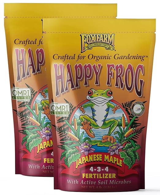 FoxFarm Happy Frog Japanese Maple Fertilizer - Supports Vegetative Growth & Strong Branch Development - 4-3-4 Blend with Soil Microbes & Mycorrhizal Fungi for Low pH Feeders - 4lb, 2 Pack