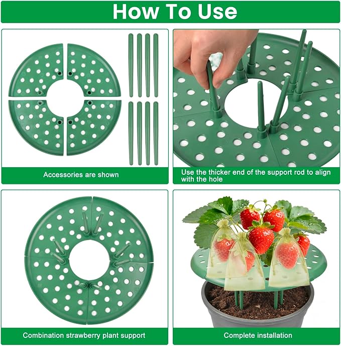 ChezMax 4 Pack Strawberry Plant Support - Strawberry Holder with 100 Pcs Green Mesh Protects, Strawberrys Supports for Garden, Strawberrys Trellis Stand with 32 Legs, Plant Pot Stand Protection