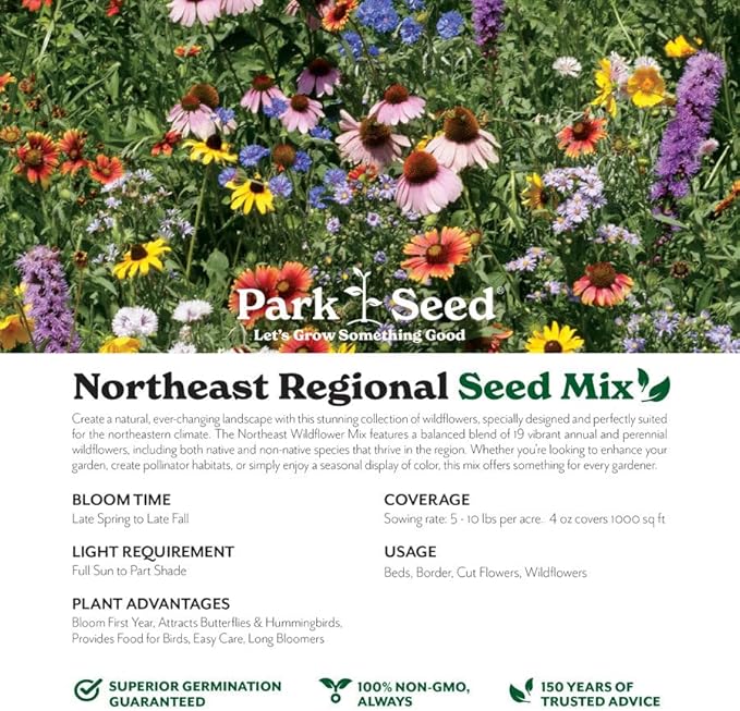 Park Seed Grow Your Own Vibrant Annual and Perennial Wildflower Garden Seeds Mixture, Easy to Grow Varieties for Pollinators and Spring Gardens - Northeast Regional Mix, 25 lbs