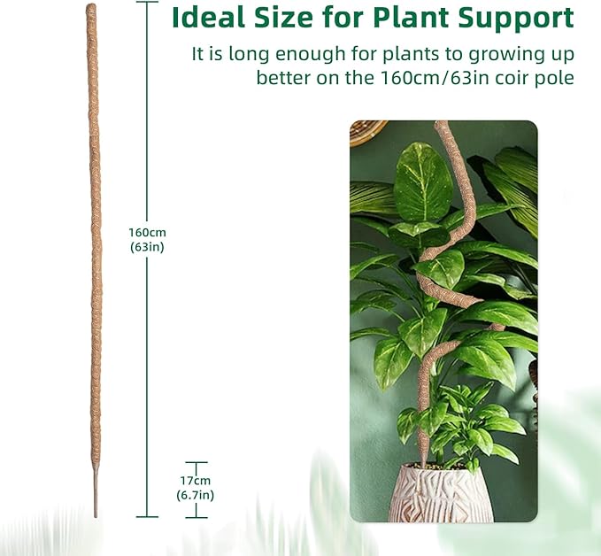 Mcbazel 63 Inch Bendable Moss Pole for Plants Monstera - Tall Coco Coir Plant Support Stake for Climbing Indoor Plants, Pothos & Philodendron - Large Flexible Stick Kit with Full Garden Ties