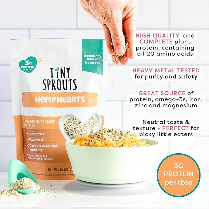 Tiny Sprouts Organic Hemp Hearts + Full Serving Probiotic + Vitamin D3 | Superfood Protein Booster for Kids | Omega-3, Iron, Magnesium, Zinc | Brain & Immune Support | Gluten-Free Superseed Blend | 7 oz
