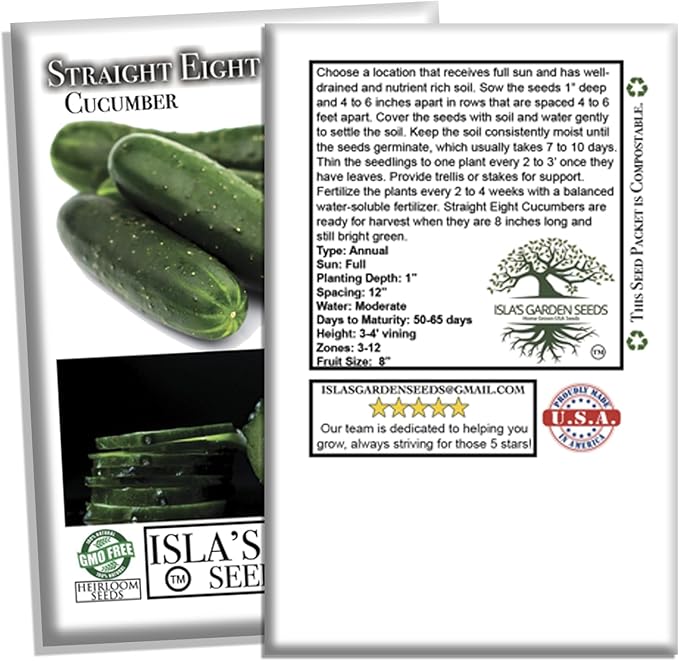 Straight Eight Cucumber Seeds – 150+ Heirloom Non-GMO Seeds by Isla’s Garden Seeds, Crisp & Tender, High-Yield, 90% Germination Rate, Perfect for Slicing, Easy to Grow, Great for Home Gardens or Gift