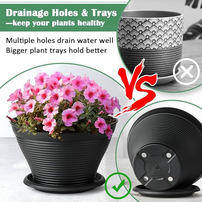 8 Inch Plastic Plant Pots with Saucers 8 Pack, Flower Pots with Drainage Holes, Sturdy Planter Pots for Indoor Outdoor, Modern Decorative Gardening Pots for Planting House Plants, Black