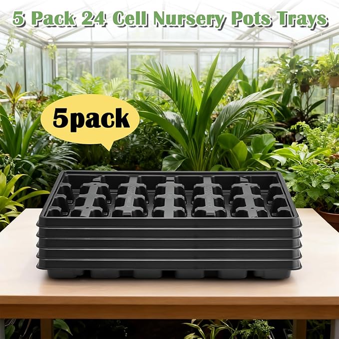 24 Cell Nursery Pots Trays 5 Pack (17"x11"x1.6"), Reusable Plant Pot Tray for Holding 2.8 inch (7CM) Square Nursery Pots, Durable Plastic Carrying Seed Starter Tray with Drain Holes (Black)