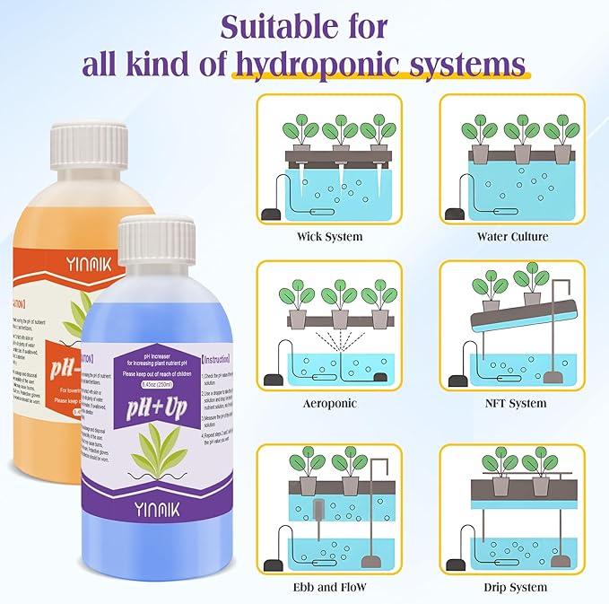YINMIK General Hydroponics pH Up Down Liquid, pH Control kit Adjust pH Levels, 500ml Premium Buffering Solution for pH Stability,Suit for All Hydroponics Systems, Both for Soil and Water