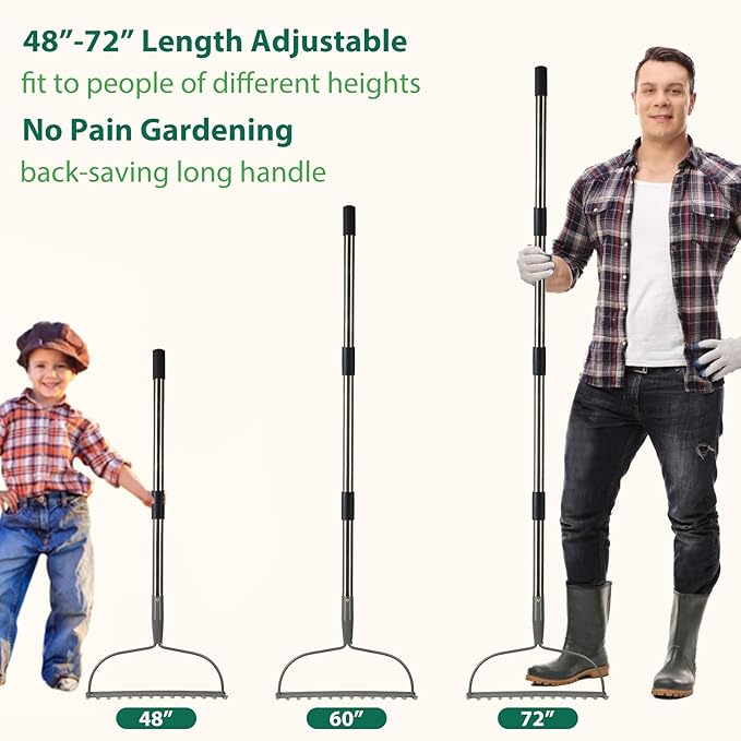 Garden Rake, 6 FT Bow Rakes for Lawns Heavy Duty, Yard Metal Rake with Adjustable Long Handle, 14 Tines Head, Gardening Tool for Loosen Soil, Gather Leaves, Level Mulch, Remove Debris