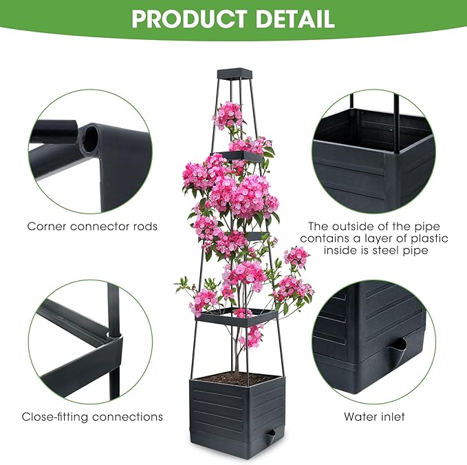 MYMULIKE 2 Pack Raised Garden Bed Planter Box with Trellis, 58” Tomato Cage Planter Raised Garden Bed with Trellis for Climbing Vegetables Plants Tomato Cage w/Self-Watering, Indoor Outdoor Use