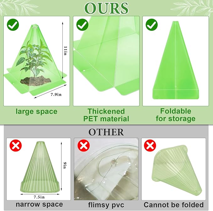 20 Pack Garden Cloches for Plants, Green Reusable Bell Plant Cover, Plastic Small Plant Seedling Protector with 40pcs Metal Stakes, Mini Greenhouse Against Sun, Frost, Snails, Birds, 7.8" x 11"