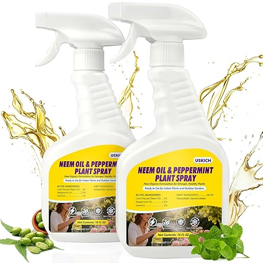 2 Pack Neem Oil & Peppermint Plant Spray – Natural Leaf Shine with Natural Essential Oils for Indoor & Outdoor Use,Simple Ready-to-Use Plant Spray for Gardens, Houseplants- 32oz