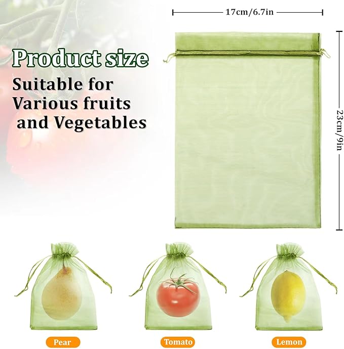 50 PCS 6X9 inches Fruit Protection Bags, Fruit Bags for Fruit Trees, Green Netting Fruit Cover Bags Drawstring Mesh Fruit Protectors Pest Barrier for Fruit Trees Veggies Garden