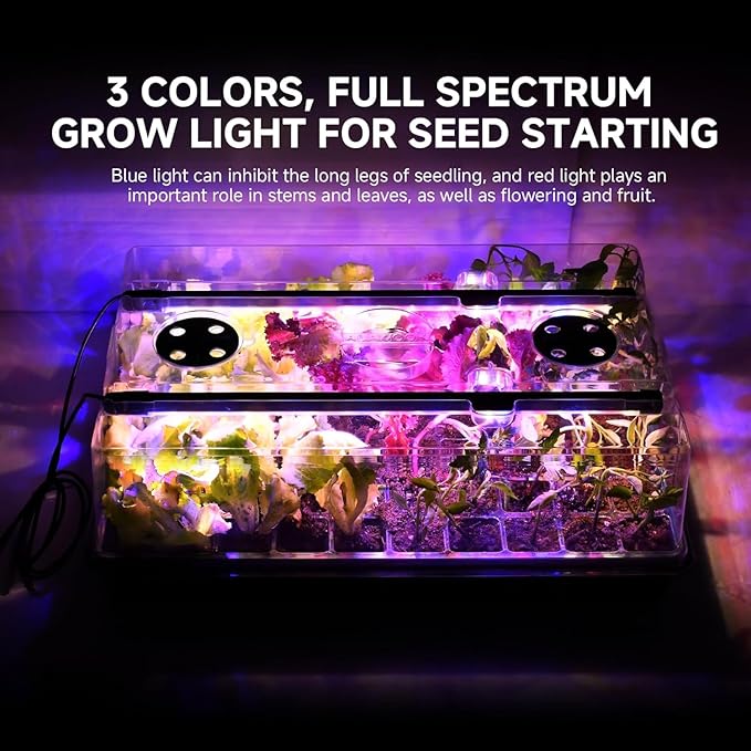 Seed Starter Tray with Grow Light and Thermostat Controller Heat Mat, 10"x 20.75" Heat Mats for Plant Growing，68-113°F Adjustable，Color Change Grow Lights，Germination Trays Kits (Green, 60 Cells)