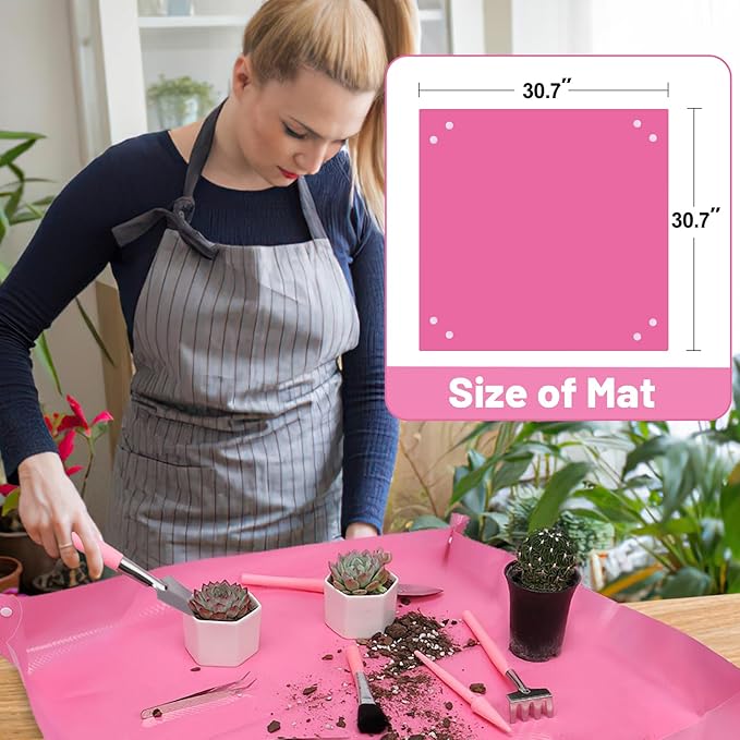 4pcs Small Gardening Tools Gifts for Women Beginners - Garden Hand Tools Set for Indoor Succulent Bonsai Plants Transplanting, Included Bag/Repotting Mat/Shovel/Labels, Pink