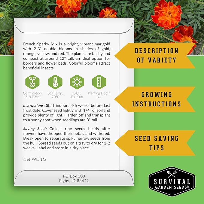 French Sparky Marigold Seeds for Planting - Grow Red & Orange Patula Flowers in Your Home Vegetable Garden - Heirloom Non GMO - Survival Garden Seeds (2 Packs)