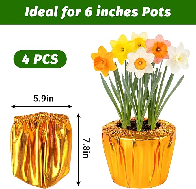 4 Pack Plant Pot Covers, Decorative Plant Sleeve Fit for 6 Inch Pots, Reusable Golden Cloth Wrap for Potted Plant, Versatile Planter Cover for Weddings Parties and Holidays (Fit for 6" Pots)