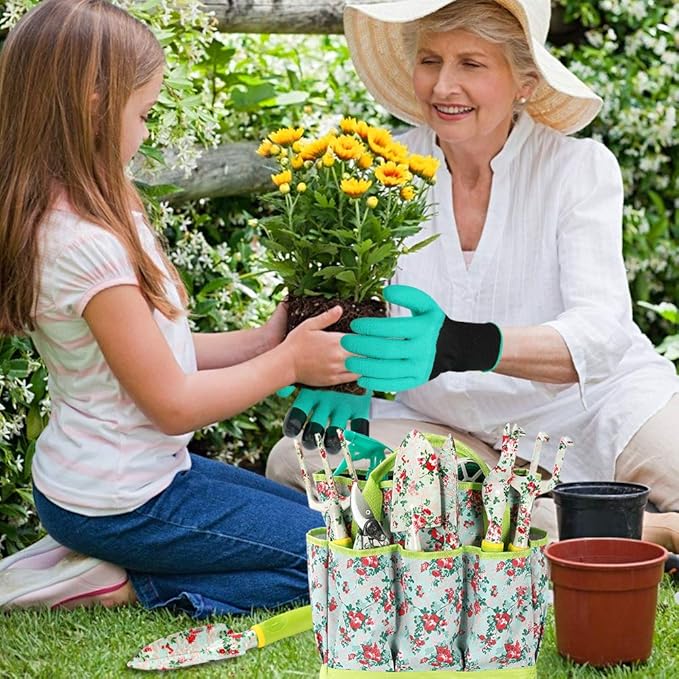Gardening Tool Set - 13 PCS Heavy Duty Aluminum Gardening Tools Kit Floral Print Garden Tool Set with Non-Slip Rubber Handle & Durable Storage Tote Bag Gardening Supplies Gifts for Women Men