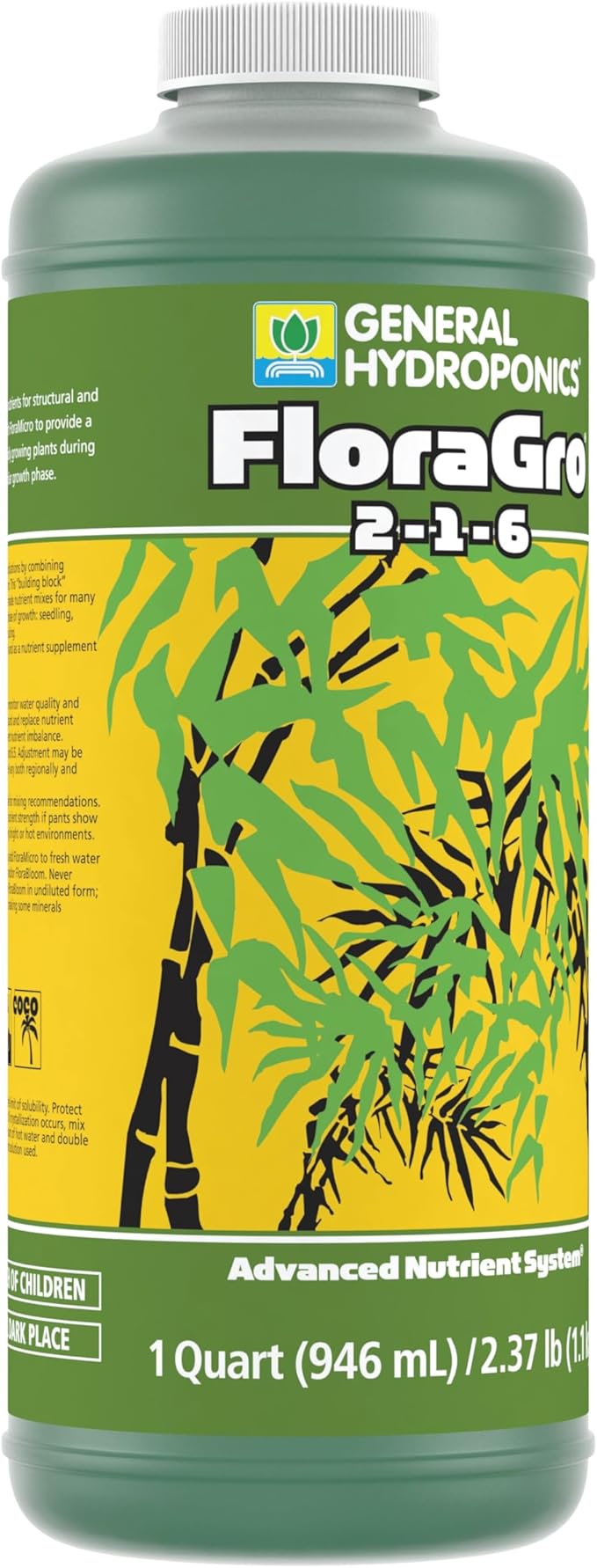 General Hydroponics FloraGro 2-1-6 Plant Food, Part of FloraSeries Advanced Nutrient System for Plants, 1 Quart