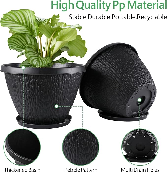 4 Pack 10 inch Plant Pots for Outdoor Indoor, Durable Flower Pots with Drainage, Indoor Outdoor Planters for Herbs Flowers Small Trees (Black Pebbles Design)