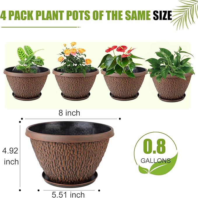 4 Pack 8 Inch Plant Pots Outdoor Indoor, Small Flower Pots with Drainage Hole & Tray, Thickened Plastic Outdoor Planters for Garden House Decor