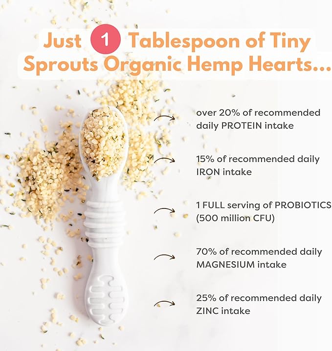 Tiny Sprouts Organic Hemp Hearts + Full Serving Probiotic + Vitamin D3 | Superfood Protein Booster for Kids | Omega-3, Iron, Magnesium, Zinc | Brain & Immune Support | Gluten-Free Superseed Blend | 7 oz