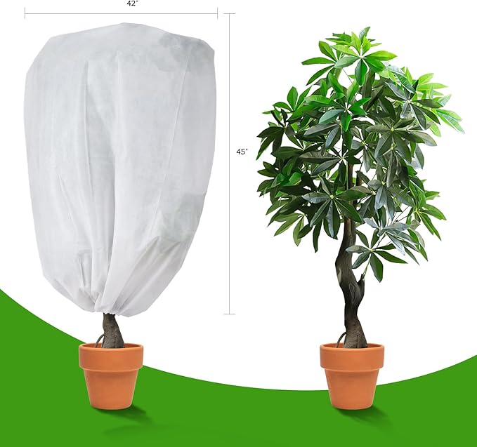 2-Pack Plant Covers Freeze Protection 42" x 45" 2.2 oz, Frost Cloth Plants Jacket Drawstring Tree Cover for Outdoor Plants, Shrub Potted Plants Winter