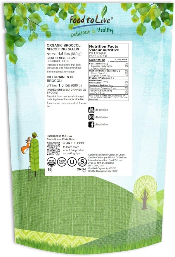 Food to Live Organic Broccoli Seeds for Sprouting, 1.5 Pounds – Non-GMO, Vegan, Kosher, Sirtfood, Bulk. Rich in Sulforaphane, Vitamin C. Grow Sprouts, Microgreens for Salads, and Sandwiches
