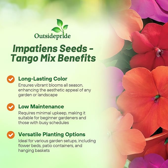 Outsidepride Xtreme Tango Mix Impatiens Flower Seeds - 100 Pcs Annual, Compact & Pollinator Friendly, Impatiens Seeds for Planting w/Vibrant, Abundant Blooms for Shade Gardens & Container Displays