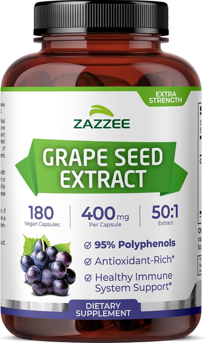 Zazzee High Strength Grape Seed 50:1 Extract, 180 Vegan Capsules, 95% Polyphenols, 400 mg per Capsule, 6 Month Supply, Standardized and Concentrated 50X Extract, Non-GMO, Made in The USA