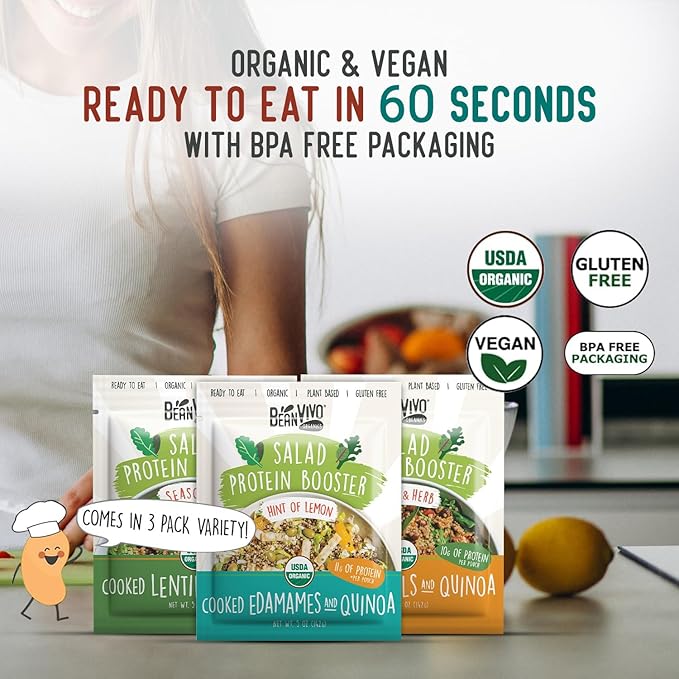BeanVIVO - Variety 3 Pack Salad Protein Boosters - Seasoned, Garlic & Herbs, Edamame - Delivering a burst of taste and 10g of protein-packed goodness in every pouch 5oz pouches each