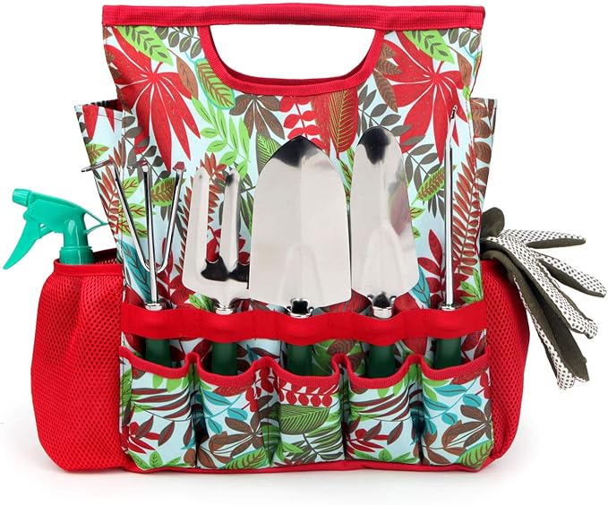9-piece Garden Tools Set with Gloves and Floral Tote Bag - Gardening Hand Tools Kit with Storage Bag, Gifts for Women