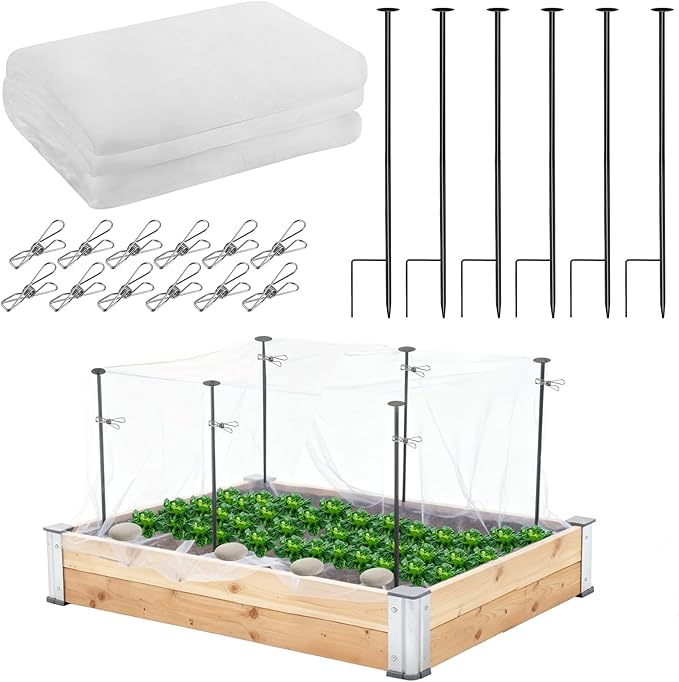 Metal Garden Netting Kit, 6 Pack 2.6ft Raised Garden Bed Net Support Stakes with 10´×13´ Fine Mesh Insect Netting 12pcs Clips Bird Barrier Screen Cover for Protect Plant Vegetable Row from Animals Bug