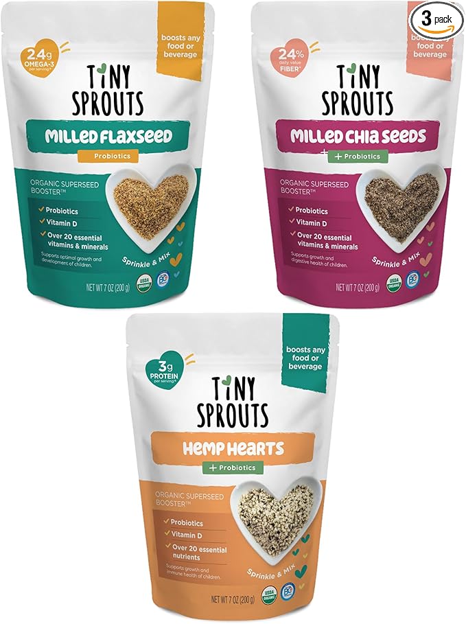 Tiny Sprouts Organic Milled Flaxseeds, Chia Seeds & Hemp Hearts + Probiotics + Vitamin D3 | Superfood Nutrition Booster Trio for Brain, Gut & Body Health for Picky Kids | Omega-3, Protein, Fiber, Iron, Calcium, Zinc | Gluten-Free, Plant-Based Superseed...