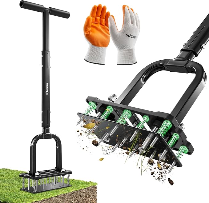 Saker Lawn Aerator Tool, 2026 Upgraded Manual Lawn Aerator with 15-Spike Heavy-Duty Yard Aeration Tool with Spring-Loaded Design, for Loosening Soil Aerating Patio, Yard, Garden Dark Black