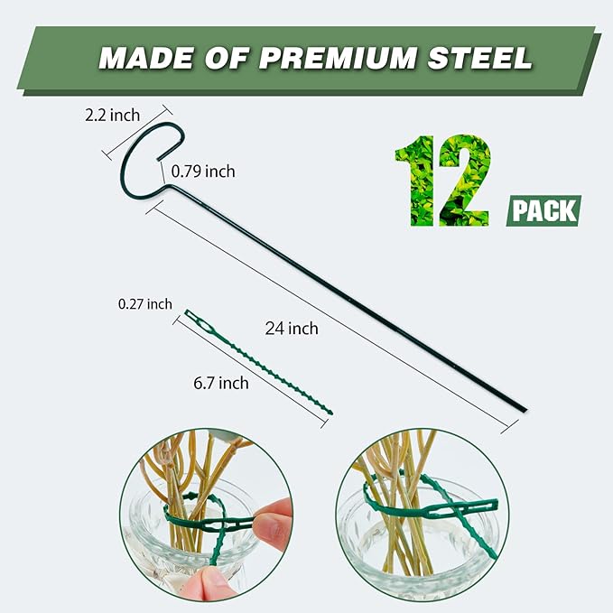 Joyhalo 12 Pack Plant Support Stakes 24 Inch, Plant Stakes, Flower Stakes with 24 Twist Ties, Garden Sticks for Plants Iris, Dahlia, Gladiolus, Amaryllis, Rose, Sunflower, Tomato, Sapling Etc
