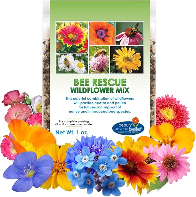 Bee Rescue Wildflower Seed Mix 1oz - Premium Wildflower Seed Mix for Native Bees and Pollinators 1oz