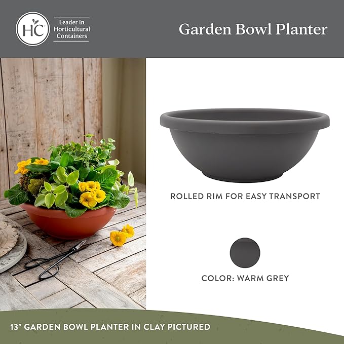 The HC Companies 13 Inch Shallow Garden Bowl Plant Pot with Drainage, Lightweight UV-Resistant Plastic Planters for Succulents, Herbs & More, 2-Pack Planters for Indoor Outdoor Home Decor, Warm Gray
