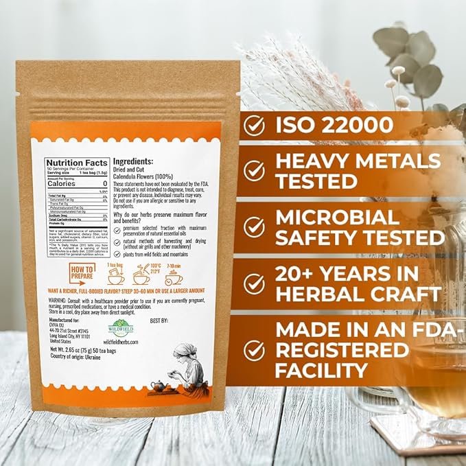 50 Bags Calendula Tea Dried Calendula Flowers Herb Herbal Tea - 50 Count 1.5 g Flower Herb