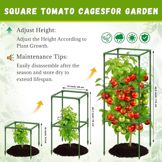 Riare 2 Pack Square Tomato Cages for Garden Plant Support- 45 Inch Heavy Duty Tomato Cage Garden Stakes Tomato Trellis for Climbing Plants Vegetables Flowers Outdoor Indoor