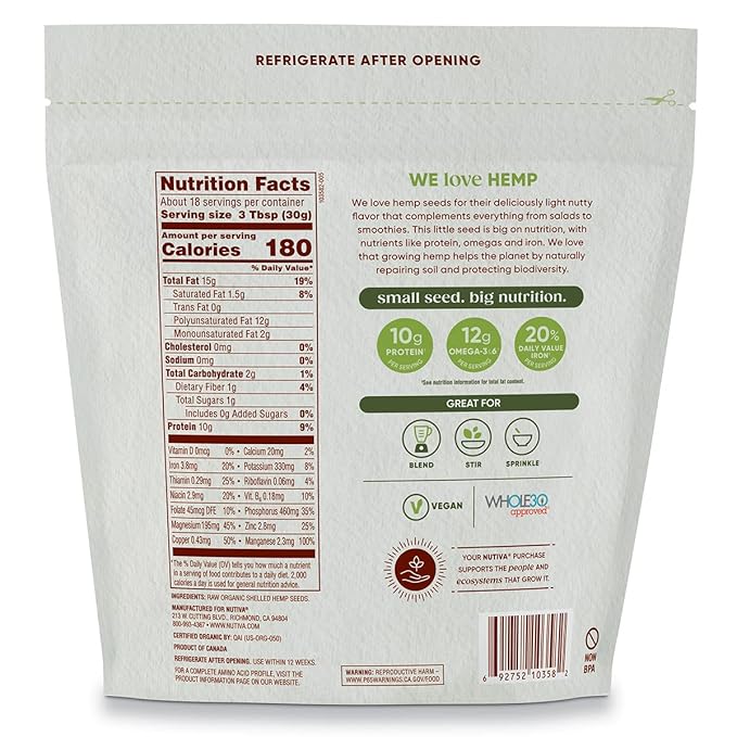 Nutiva Organic Shelled Hemp Seed, 19 Ounce, USDA Organic, Non-GMO, Non-BPA, Whole 30 Approved, Vegan, Gluten-Free & Keto, 10g Plant Protein and 12g Omegas per Serving for Salads, Smoothies & More