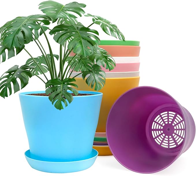 6.7 Inch Plant Pots Indoor Outdoor, 8 Pack Colorful Plant Flower Pots with Drainage Holes and Saucers Plastic Planters Nursery Pots for Garden Plants Flowers Succulents