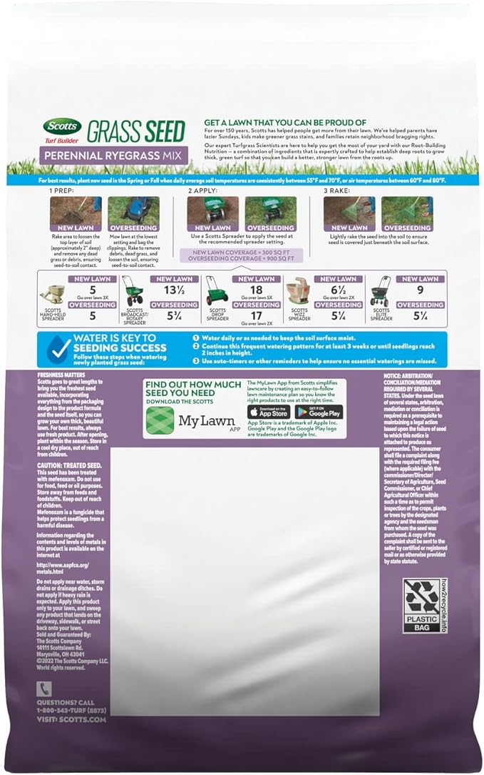 Scotts Turf Builder Grass Seed Perennial Ryegrass Mix with Fertilizer and Soil Improver, Establishes Quickly, 2.4 lbs.