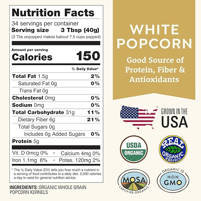 Organic White Popcorn Kernels Unpopped 3 lb - Healthy, Non-GMO, Gluten-Free, Pesticide-Free, Chemical-Free, Glyphosate-Free, Grown in Regenerative Soil in Wisconsin USA by Doudlah Farms