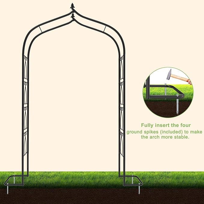 OUSHENG 7FT Garden Arch Trellis, Outdoor Steel Arbor for Climbing Plants, Archway Frame Stand Gate with Ground Stakes for Wedding Ceremony Decoration Party Vines Lawn Courtyard Patio Backyard