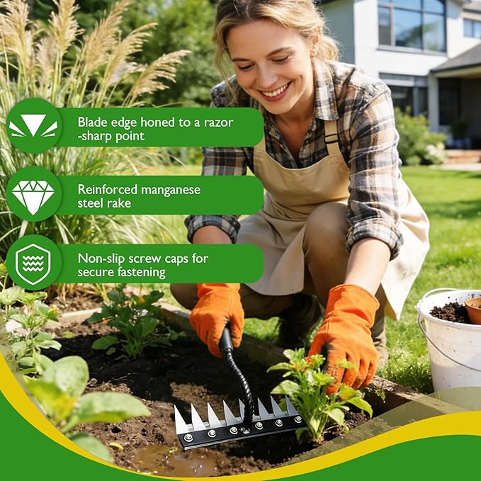 Iron Weeding Rake 2.0, 8 Teeth Carbon Steel Garden Weeding Rakes, Heavy-Duty Iron Rake for Gardening and Weeding