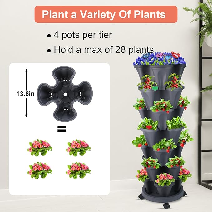 GameXcel Vertical Planter, 7 Tier Stackable Strawberry Planter with Garden Tool Set, Movable Indoor/Outdoor Garden Herb Pot for Growing Vegetables and Succulents, Dark Gray