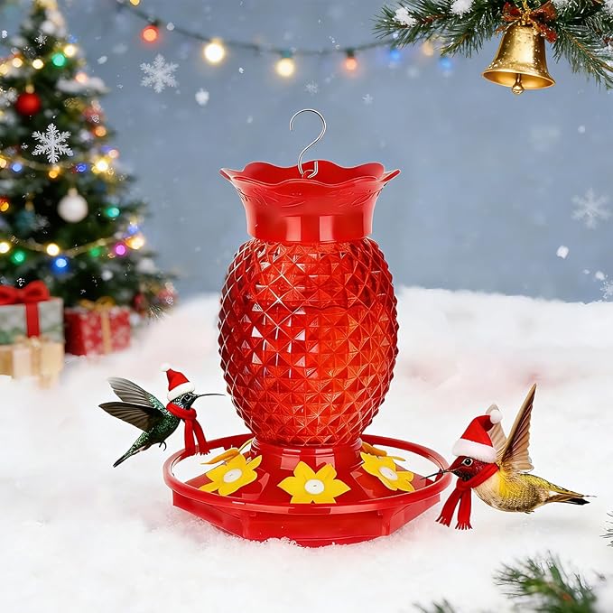 Fchstaer Glass Hummingbird Feeders for Outdoors Hanging Ant and Bee Proof 16OZ 1 Pack Red Pineapple Humming Bird Feeder with 6 Feeding Ports and Ant Moat Hummingbird Gifts for Women Garden Decor