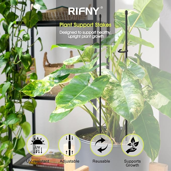 Plant Stakes for Indoor Plants, RIFNY 14 Inch Plant Support Stakes with Clips, Tall Adjustable Plant Sticks for Indoor Monstera Tomato Orchid Potted Plants Flower (10 PCS, Black)