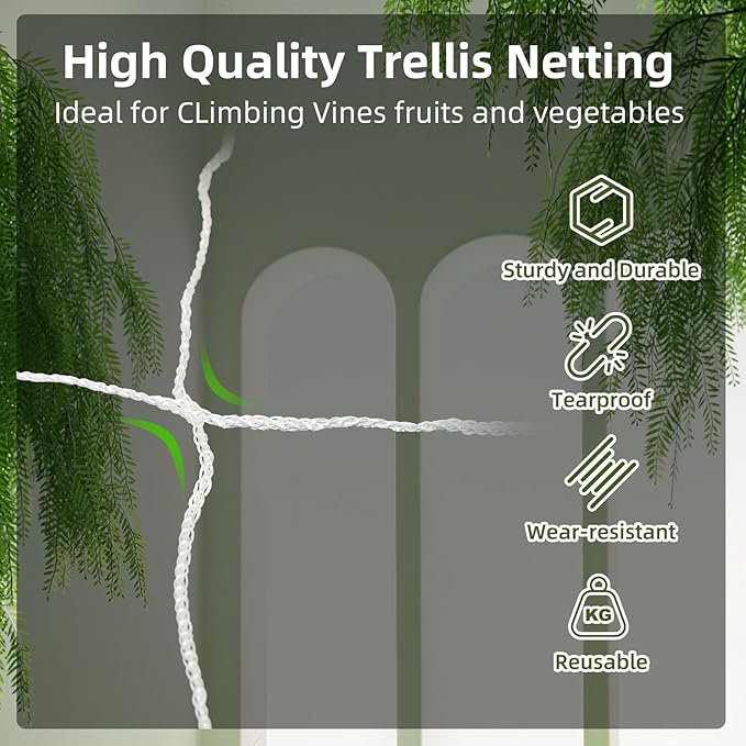Heavy Duty Garden Trellis Netting, 6 x 15 ft, White, Rectangular, Polyester Nylon, Climbing Plant Support Netting, Garden